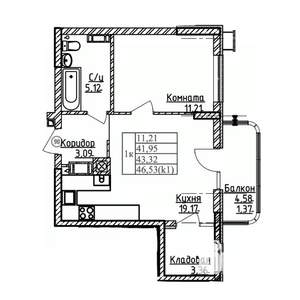 1-к квартира, строящийся дом, 43м2, 3/9 этаж
