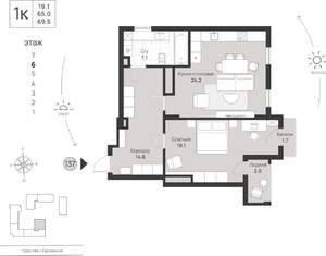 1-к квартира, вторичка, 70м2, 6/7 этаж