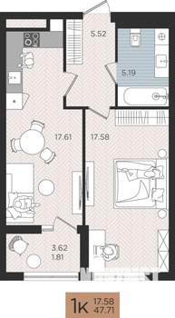 1-к квартира, строящийся дом, 48м2, 7/10 этаж