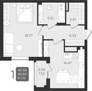 1-к квартира, строящийся дом, 50м2, 2/9 этаж
