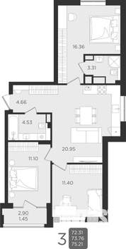 3-к квартира, строящийся дом, 74м2, 1/9 этаж