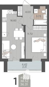 1-к квартира, строящийся дом, 39м2, 2/9 этаж