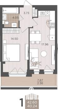 1-к квартира, строящийся дом, 43м2, 2/9 этаж