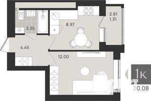 1-к квартира, вторичка, 30м2, 7/9 этаж