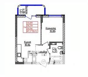 1-к квартира, строящийся дом, 40м2, 1/9 этаж