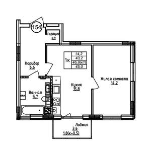1-к квартира, вторичка, 45м2, 1/9 этаж