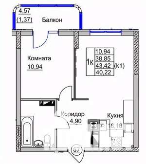 1-к квартира, вторичка, 40м2, 9/9 этаж