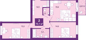 2-к квартира, сданный дом, 73м2, 3/4 этаж