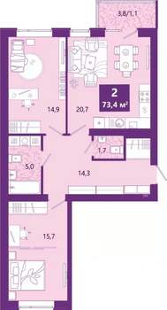 2-к квартира, сданный дом, 74м2, 4/4 этаж