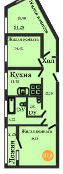 3-к квартира, сданный дом, 91м2, 7/12 этаж