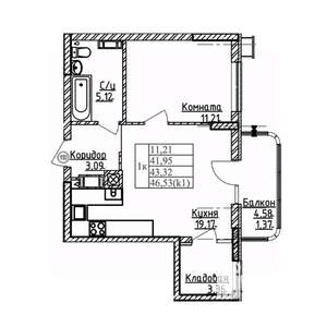 1-к квартира, строящийся дом, 43м2, 8/9 этаж