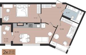 2-к квартира, строящийся дом, 67м2, 4/10 этаж