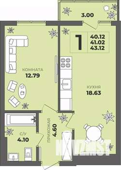 1-к квартира, строящийся дом, 41м2, 4/8 этаж