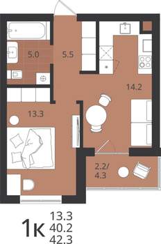 1-к квартира, вторичка, 40м2, 1/9 этаж