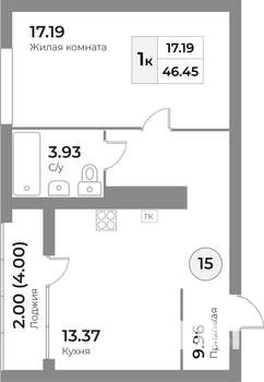 1-к квартира, строящийся дом, 46м2, 2/7 этаж