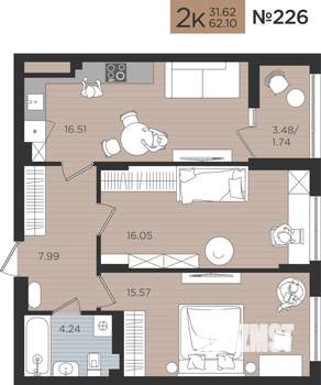 2-к квартира, вторичка, 62м2, 4/10 этаж