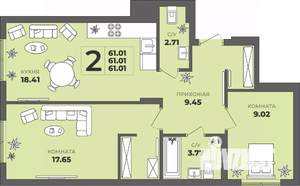 2-к квартира, строящийся дом, 61м2, 1/8 этаж