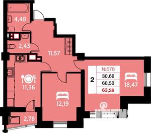 2-к квартира, вторичка, 63м2, 13/25 этаж