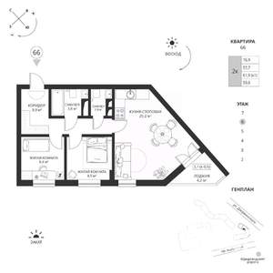 2-к квартира, вторичка, 60м2, 6/7 этаж