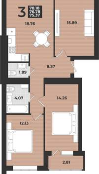 3-к квартира, вторичка, 78м2, 3/9 этаж