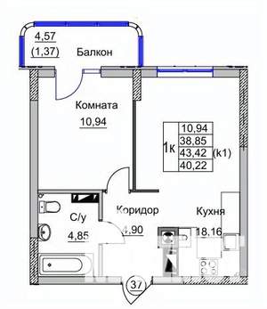 1-к квартира, вторичка, 40м2, 5/9 этаж