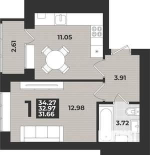 1-к квартира, строящийся дом, 34м2, 1/9 этаж