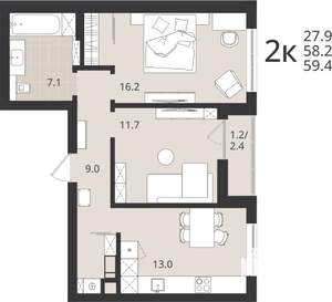 2-к квартира, вторичка, 58м2, 1/9 этаж