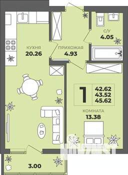 1-к квартира, строящийся дом, 44м2, 2/8 этаж