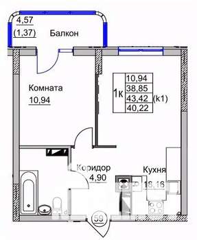 1-к квартира, вторичка, 40м2, 8/9 этаж