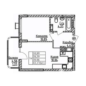 1-к квартира, строящийся дом, 40м2, 3/9 этаж