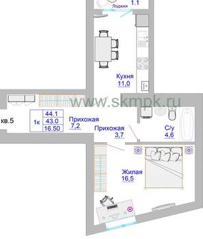 1-к квартира, вторичка, 44м2, 1/8 этаж