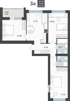 3-к квартира, строящийся дом, 80м2, 3/9 этаж