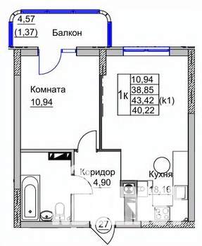 1-к квартира, вторичка, 40м2, 4/9 этаж
