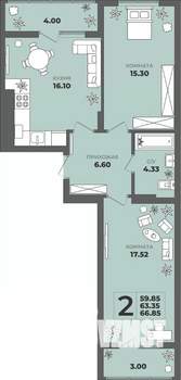 2-к квартира, строящийся дом, 63м2, 8/8 этаж