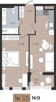 1-к квартира, вторичка, 48м2, 3/10 этаж