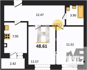 2-к квартира, вторичка, 49м2, 1/9 этаж