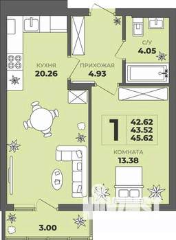 1-к квартира, строящийся дом, 44м2, 7/8 этаж