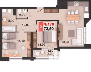 2-к квартира, вторичка, 74м2, 13/15 этаж
