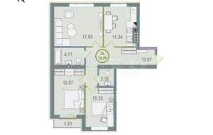 3-к квартира, вторичка, 74м2, 3/4 этаж