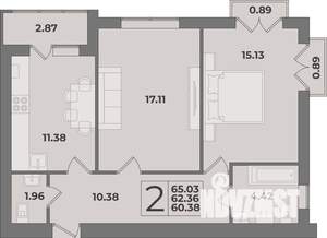 2-к квартира, строящийся дом, 65м2, 5/9 этаж