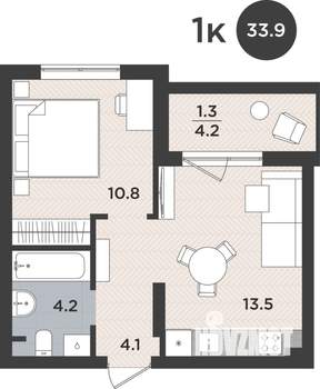 1-к квартира, вторичка, 34м2, 1/9 этаж