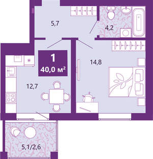 1-к квартира, сданный дом, 40м2, 3/4 этаж