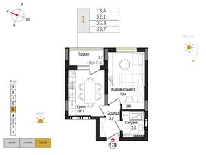 1-к квартира, вторичка, 34м2, 5/9 этаж