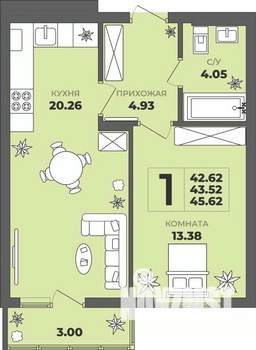 1-к квартира, строящийся дом, 44м2, 3/8 этаж