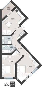 2-к квартира, строящийся дом, 76м2, 2/10 этаж