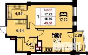 1-к квартира, вторичка, 50м2, 21/25 этаж