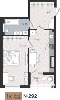 1-к квартира, строящийся дом, 46м2, 2/10 этаж