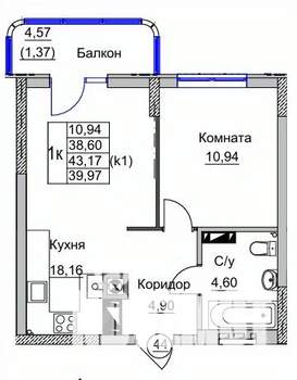 1-к квартира, вторичка, 40м2, 6/9 этаж