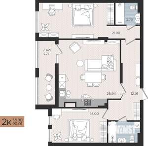 2-к квартира, вторичка, 90м2, 2/10 этаж