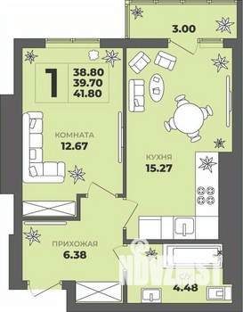 1-к квартира, строящийся дом, 40м2, 4/8 этаж